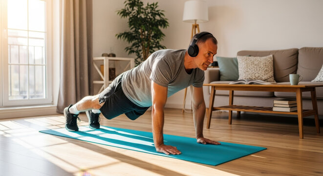 Focused man doing pushups at home on exercise mat while listening to music with headphones. Pushups are part of focused man's fitness routine,