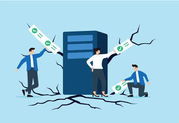 Flat illustration of three people sealing cracks around server with checklist tape to prevent data leaks and cyber threats