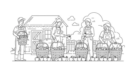 Obraz premium Line art illustration featuring apple harvest in rural scene, depicting farmers gathering ripe fruit into baskets. Apple harvest season is in full swing,