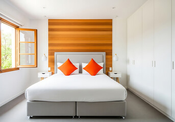 Modern luxury hotel suite bedroom with orange accent pillows and natural light