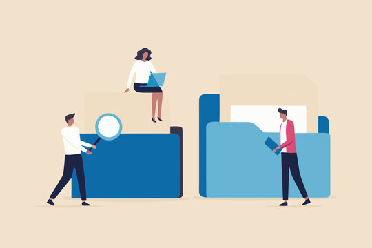 Team of people working with digital files and documents using technology for organization and search