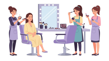 Professional makeup artists applying cosmetics to clients in a brightly lit salon setting