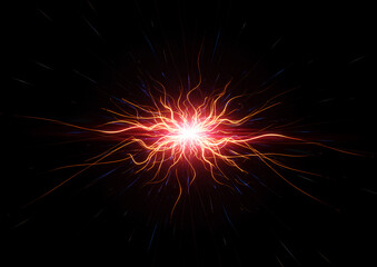 Red energy on abstract black background shows luminous red energy with bright flash and rays. Electric red energy with radial symmetry creates an abstract, vibrant, and energetic effect.