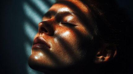 Serene Portrait in Dappled Sunlight: A Study of Light and Shadow on Relaxed Face Depicting Peaceful Introspection and Tranquil Mood