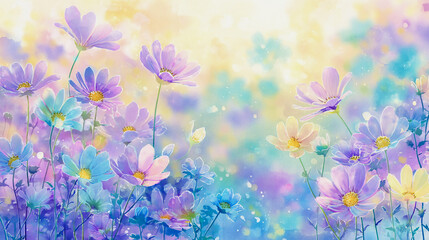 Elegant wedding invitation card background watercolor pictures Natural little a Gerbera flower field in a lifestyle style expressing wonder with pastel floral shades and golden lighting harmony