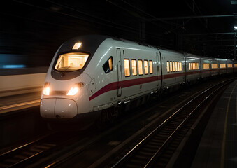 Fototapeta premium High speed train on railway track inside tunnel provides quick travel. High speed train boasts sleek, modern design, offering efficient transportation for passengers and tourists.