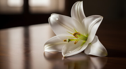 Single white lily flower on dark wooden table. Elegant white lily blossom with delicate petals and stamens. Peaceful lily flower image for sympathy card or funeral announcement.