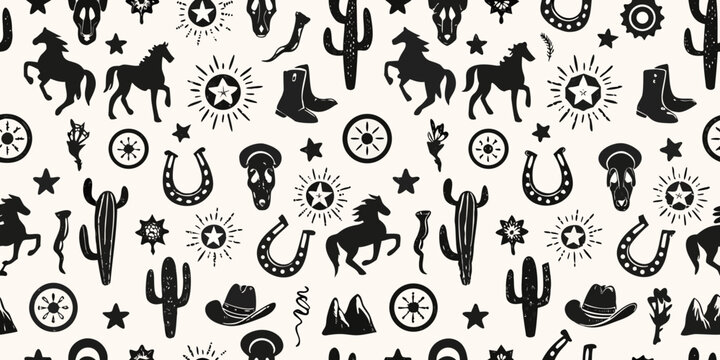 Western cowboy pattern with horses cacti boots and skulls on cream background