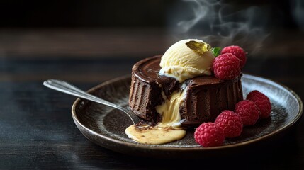 Chocolate lava cake with molten center flowing onto glass plate, vanilla ice cream scoop with gold leaf, fresh raspberries, elegant fine dining dessert presentation