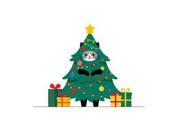 Adorable feline character dressed as a christmas tree surrounded by festive gifts and ornaments