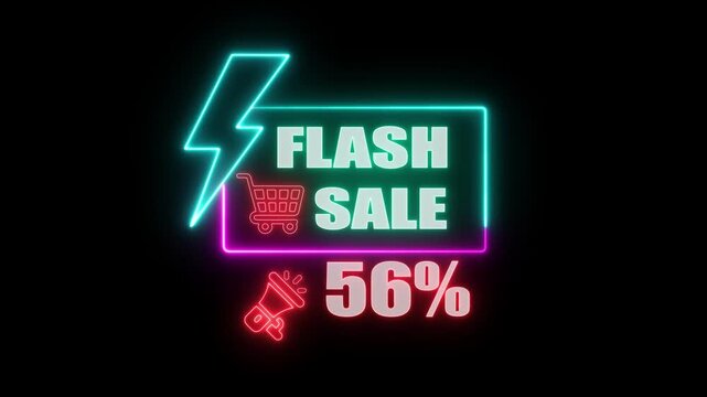 56% Flash sale shopping neon sign fluorescent light glowing banner background. blinking color for store or bar, Text flash sale by neon lights sign board. showcasing digital marketing promotions