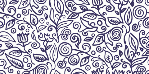 Seamless dark blue floral pattern with swirling vines and leaves on a white background
