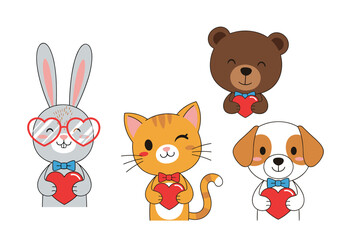 Obraz premium Adorable valentine animals holding sweet hearts expressing love and friendship for celebrations