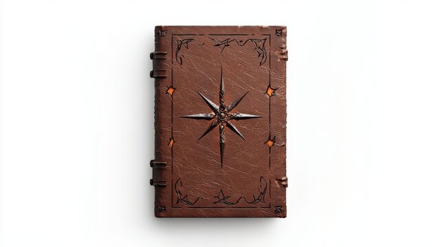 An intricately designed leather-bound book with a compass motif, symbolizing exploration and knowledge.