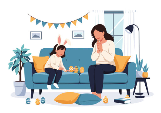 Mother and daughter enjoying easter egg decorating together indoors - Powered by Adobe