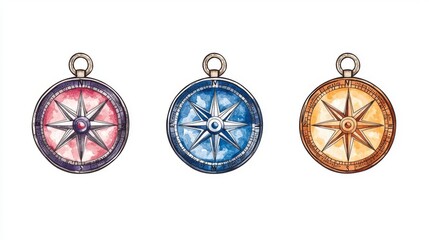 Three vintage compasses in different colors symbolizing adventure and exploration, perfect for travel enthusiasts.