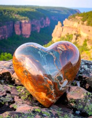 Heart-shaped stone sculpture overlooking a valley