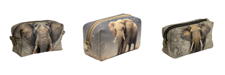 Set of Elephant-themed wash bag made of canvas, neatly displayed on transparent png background. Ai generated