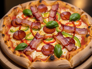 Pepperoni pizza with bacon on wooden platter in restaurant setting. Pizza is served with basil leaf and tasty slices on top, pepperoni pizza makes delicious, filling meal.