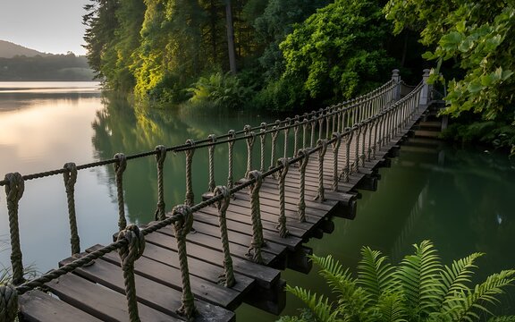 Fototapeta Rustic rope bridge over tranquil water