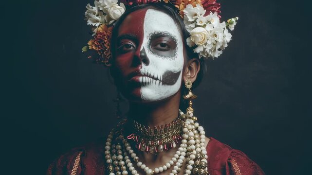 Woman with half skeleton makeup and flower crown for Day of the Dead celebration, a cultural tradition footage.