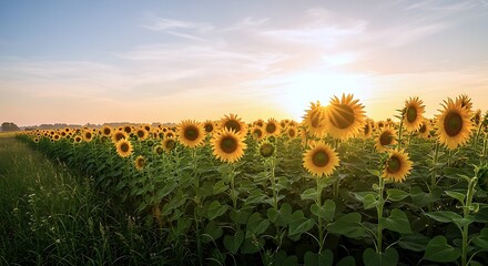 Golden Sunflowers Bathed In The Warm Light Of A Summer Sunset, Creating A Peaceful And Expansive Agricultural Landscape.