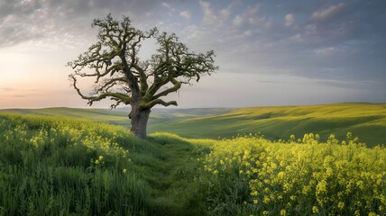 A solitary tree stands in a green meadow beneath a vast blue sky with white clouds