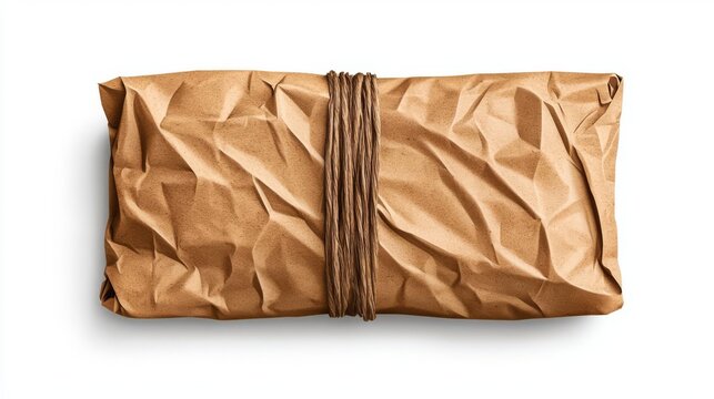 A crumpled brown paper package tied with string, perfect for gift wrapping and rustic presentations.