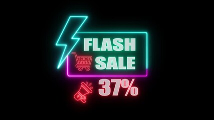 37% Flash sale shopping neon sign fluorescent light glowing banner background. blinking color for store or bar, Text flash sale by neon lights sign board. showcasing digital marketing promotions