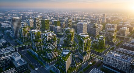 Fototapeta premium An Aerial View Of A Futuristic Sustainable Cityscape Showcasing Modern Skyscrapers With Lush Green Rooftops And Vertical Gardens, Emphasizing Urban Ecology And Innovation.