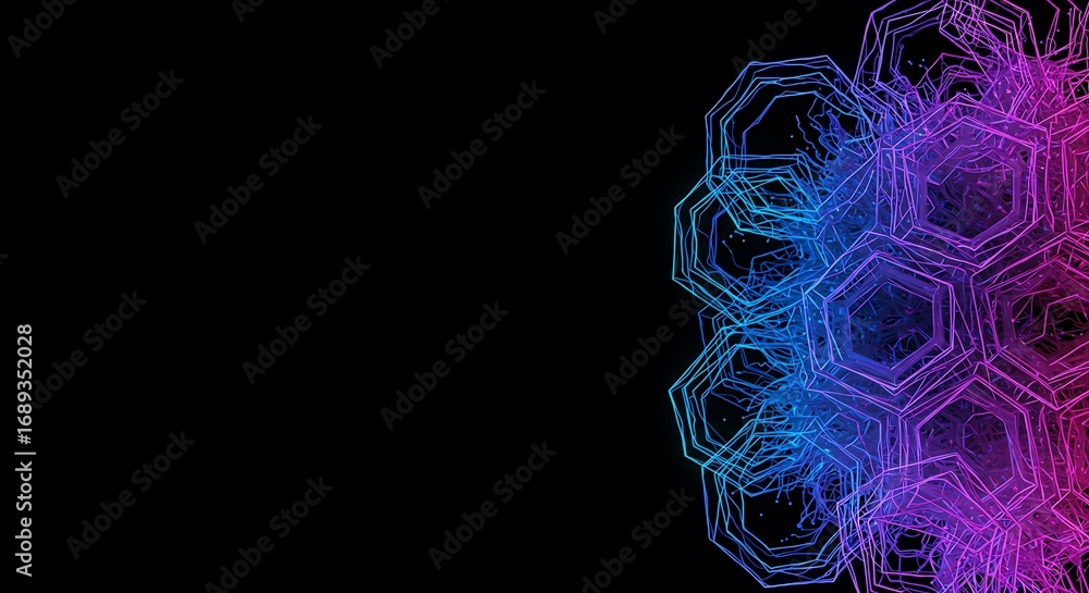 Poster abstract futuristic background with a glowing neon honeycomb lattice of hexagons in a vibrant blue a