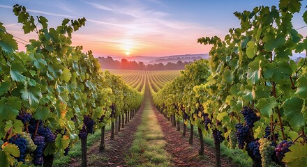 Naklejka premium A Vibrant Sunrise Illuminates A Lush Vineyard Field With Rows Of Ripe Grapes And Rolling Hills Under A Colorful Sky, Evoking Serenity And Abundance.