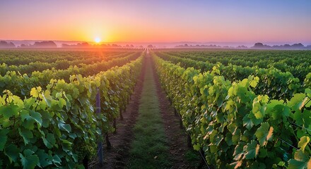 A Picturesque Vineyard Landscape Bathed In The Warm Glow Of An Early Morning Sunrise. Long Rows Of Green Grapevines Stretch Toward The Horizon.