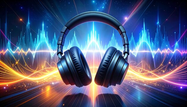 Headphones bathed in vibrant, digital light waves