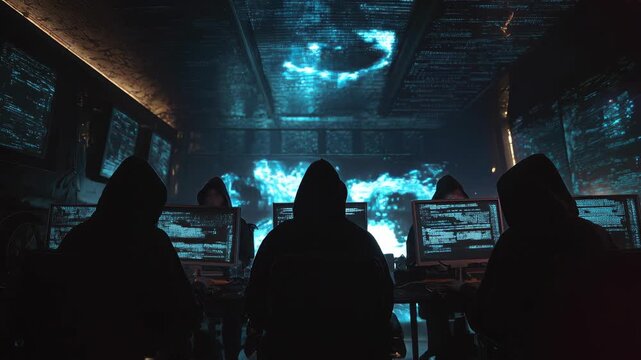Mysterious Figures Engaged in Dark Web Activities in a Dimly Lit Room