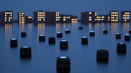 Illuminated digital text with scattered glowing objects on a reflective surface