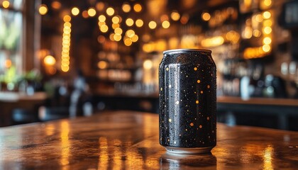 Cold black can with water droplets on a wooden table, bokeh lights background. Great for ads, bars, restaurants, or showcasing refreshing beverages.