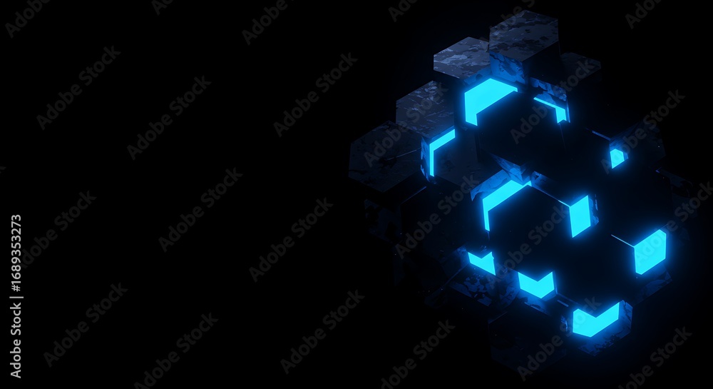 Poster futuristic abstract background of a digital core composed of dark hexagonal blocks and glowing blue 