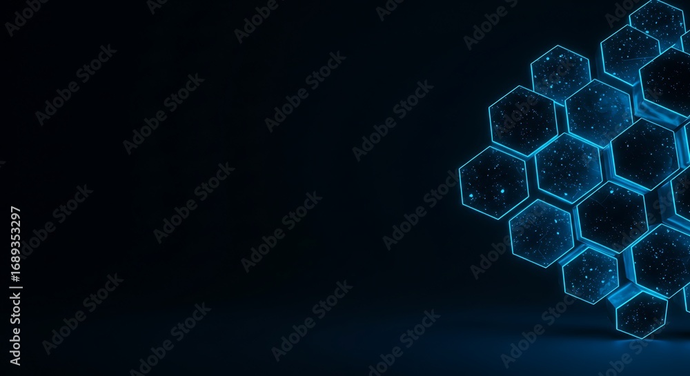 Poster abstract futuristic background featuring a glowing blue hexagonal grid, representing a technology or