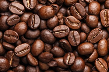 Fototapeta premium A Close-Up View of Freshly Roasted Coffee Beans Showcasing Their Rich, Dark Brown Hue and Distinctive Textures for Coffee Enthusiasts and Baristas Alike