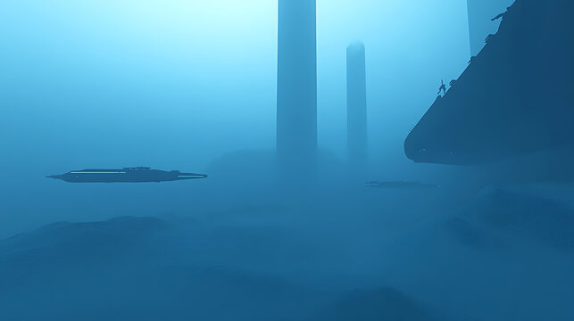 Submerged Structure with Pillars and a Hovering Object in a Foggy Underwater Scene