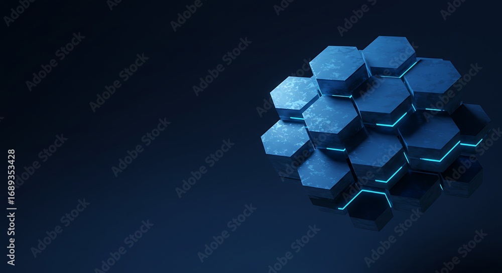 Poster conceptual 3d illustration of a futuristic hexagonal network, representing a high-tech data structur