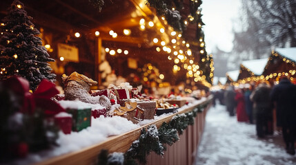 Cozy market stalls shine brightly with festive Christmas lights and fresh snow, showcasing beautiful seasonal decorations and wrapped presents during a winter evening.