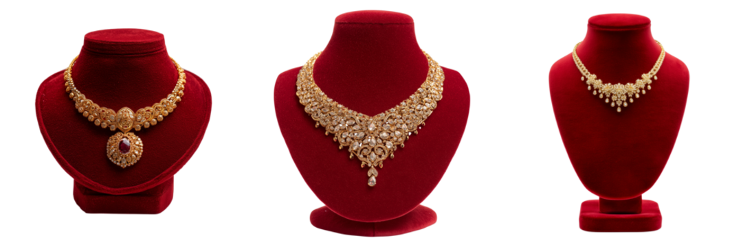 Set of Gold plated party wear necklace set with matching earrings on transparent png background. Ai generated