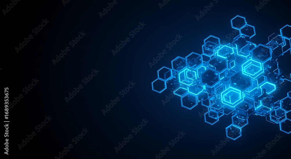 Poster three-dimensional rendering of a luminous blue hexagonal lattice symbolizing modern technology and n