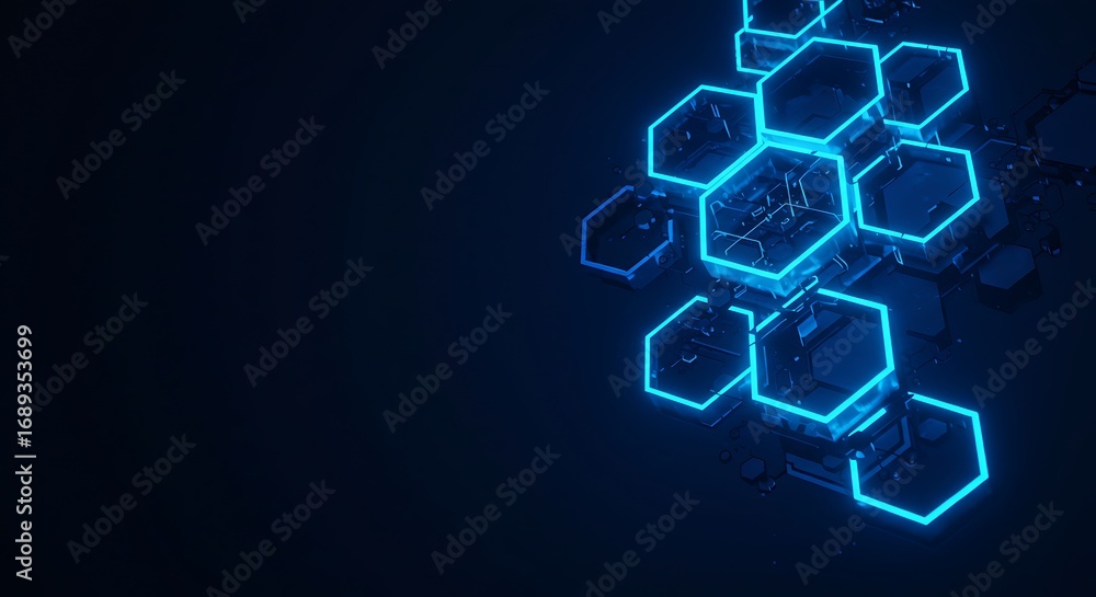 Poster abstract futuristic background with glowing blue hexagonal grid representing a concept of digital in