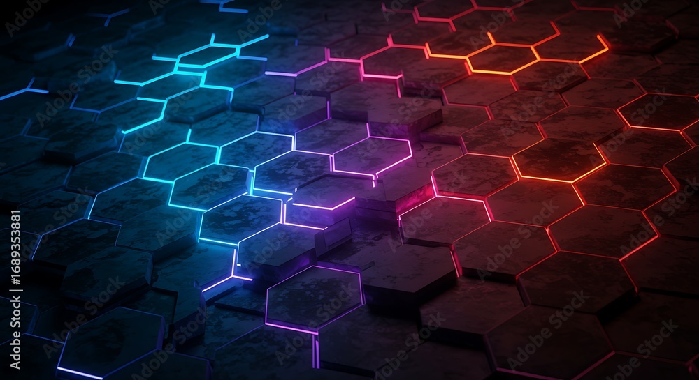 Poster abstract futuristic hexagon grid a dynamic 3d rendering with vibrant neon lighting
