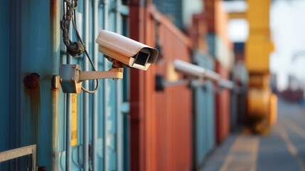 Secure surveillance camera mounted on colorful shipping container wall monitoring industrial storage area with blurred background showing row of cargo containers
