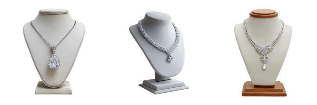 Set of Indian bridal jewelry display, cubic zirconia silver plated necklace with matching earrings on transparent png background. Ai generated