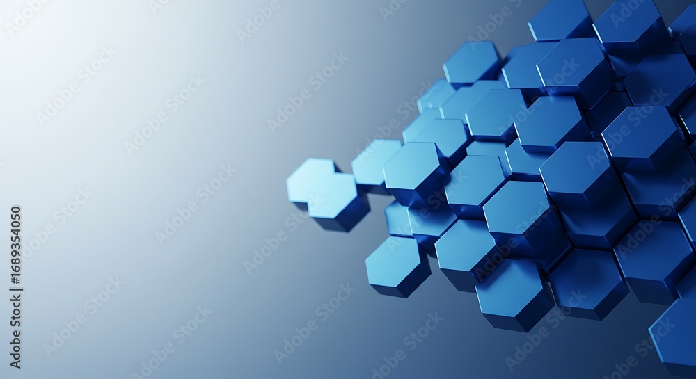 Poster modern abstract background featuring a dynamic cluster of blue 3d hexagons, representing technology 
